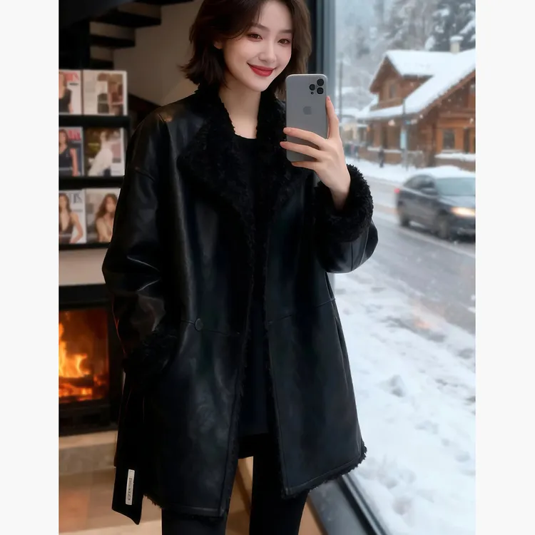 韩系时尚休闲双面穿外套女冬加绒加厚保暖皮毛一体中长款毛毛上衣