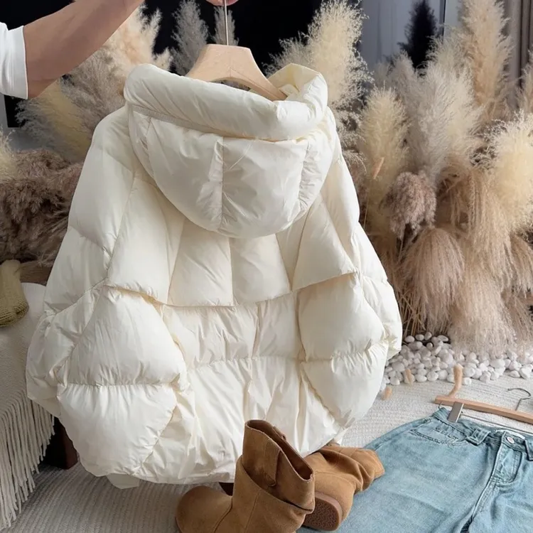 米白色短款连帽棉服外套女2025年冬季新款冬装棉衣面包服保暖棉袄