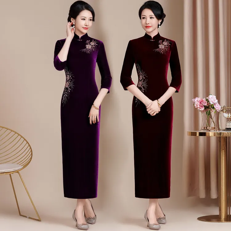 7991手工钉珠丝绒喜婆婆喜妈妈敬酒服七分中袖日常改良旗袍连衣裙