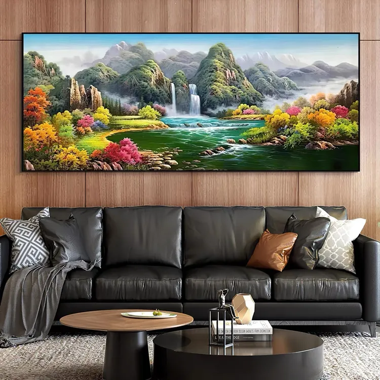 青山绿水客厅沙发装饰画高端晶瓷镶钻山水画茶室办公室背景墙挂画