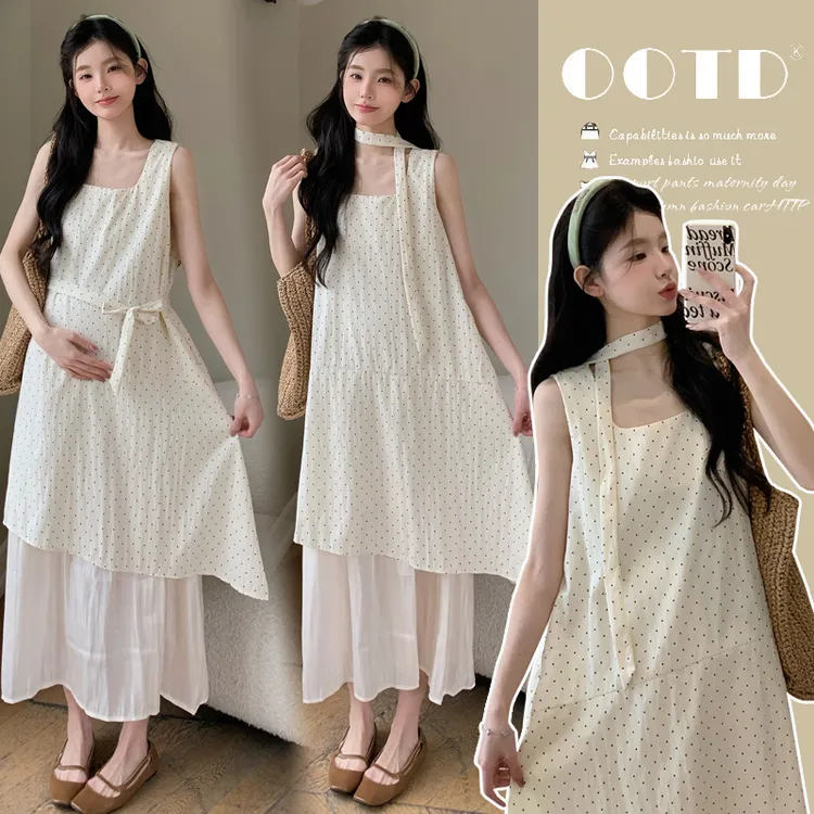 时尚孕妇2025夏季新款小波点背心连衣裙可系腰带孕妇中长款连衣裙