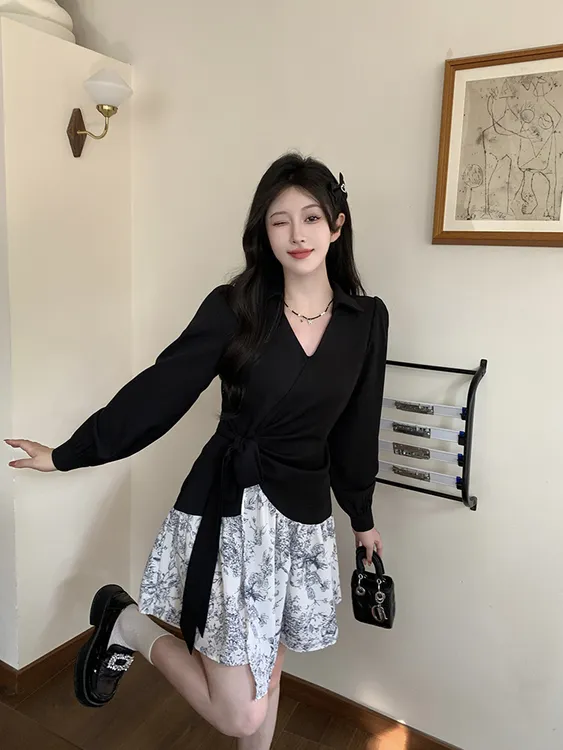 大码胖mm不规则拼接碎花长裙女早秋款气质收腰显瘦假两件连衣裙