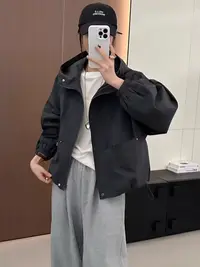 那简家608冬季加绒韩版简约百搭连帽工装拉链冲锋衣外套女