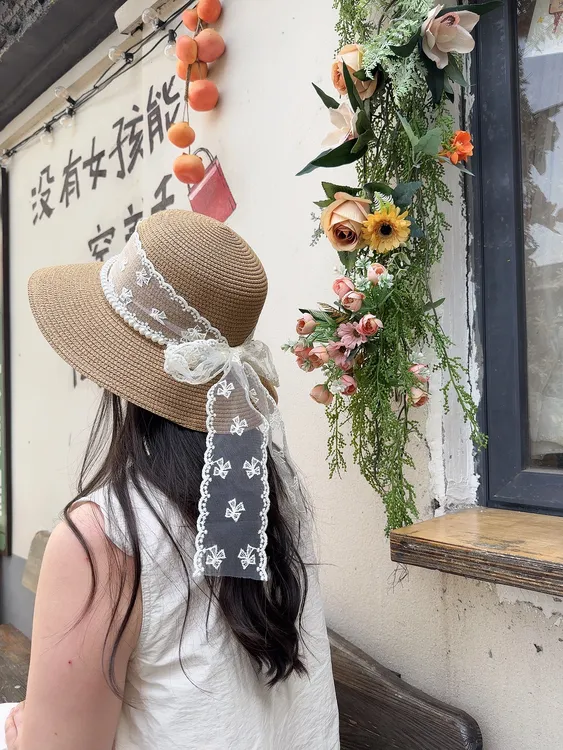 法式珍珠蝴蝶结草帽蕾丝百搭夏季遮阳帽适合拍照的帽子小清新出游
