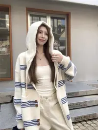 灰灰呀！韩系复古设计感慵懒风条纹连帽针织开衫毛衣外套