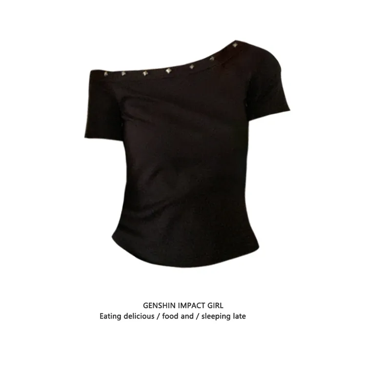 纯欲辣妹铆钉工艺斜肩短袖T恤女夏季高级感黑色修身显瘦短款上衣