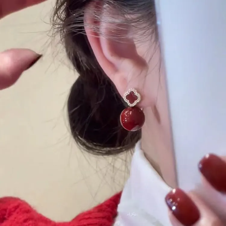 铜合金耳饰 红色耳环两戴可拆新年红耳钉微镶锆石N2158