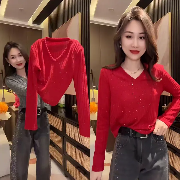 韩版红色V领针织衫女爆款秋冬季新品满天星显瘦百搭休闲长袖上衣