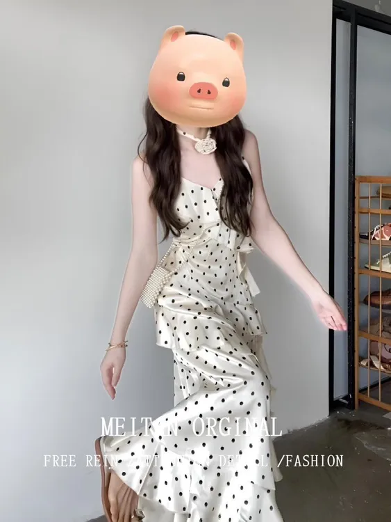 长裙波点韩版中腰法式吊带连衣裙印花无袖显瘦气质夏装时尚
