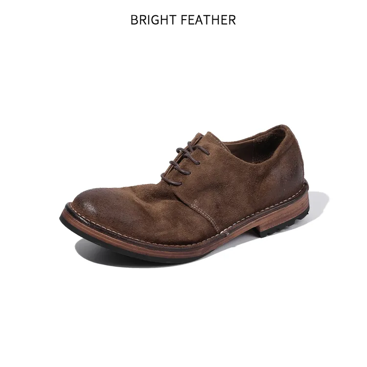 BRIGHT FEATHER男士尖头商务皮鞋低帮系带水洗做旧工艺正装皮鞋男