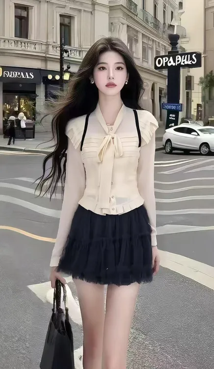 简约休闲风杏色不规则长袖V领上衣+黑色高腰百搭半身裙女两件套