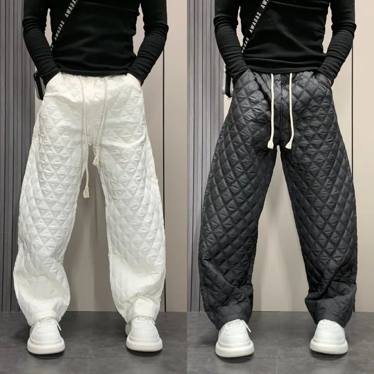 2026冬季新款菱形格夹棉休闲裤男宽松直筒松紧腰抽绳外穿保暖棉裤