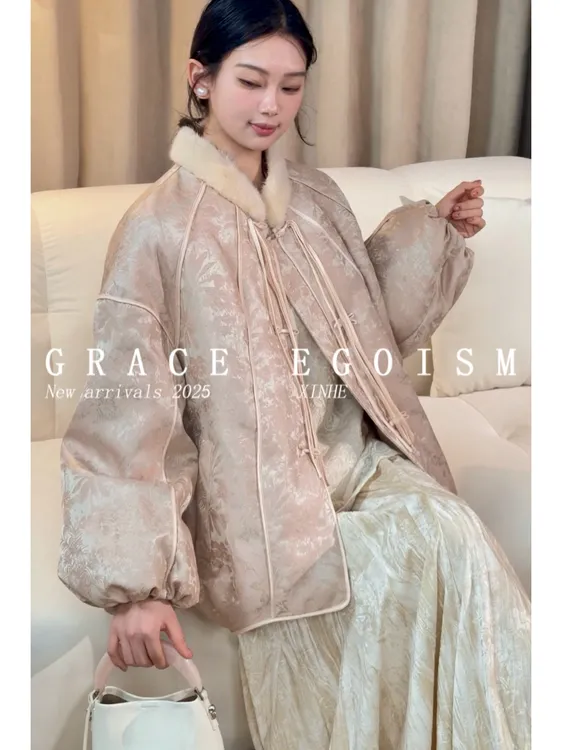 金禾【般若棠眠】冬款重工暗纹提花刺绣水貂毛羽绒服5013