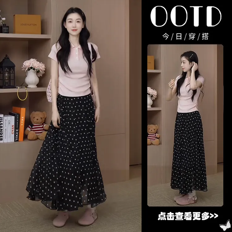 夏季穿搭一整套女2025新款粉色翻领短袖T恤高腰波点半身裙两件套