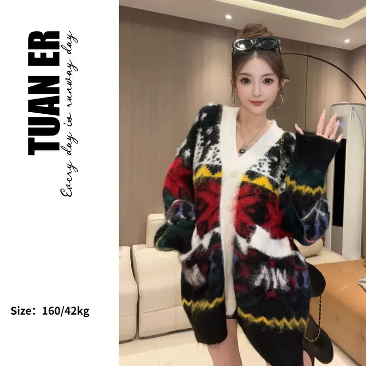 【团团专属】韩女孟子义徐路费尔岛复古慵懒风针织开衫中长款外套