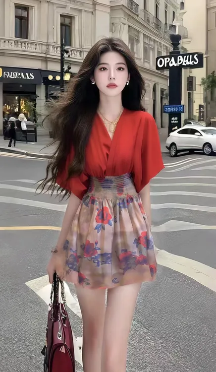 温柔纯欲千金风松弛感V领短袖收腰显瘦连衣裙女时尚气质高级女装