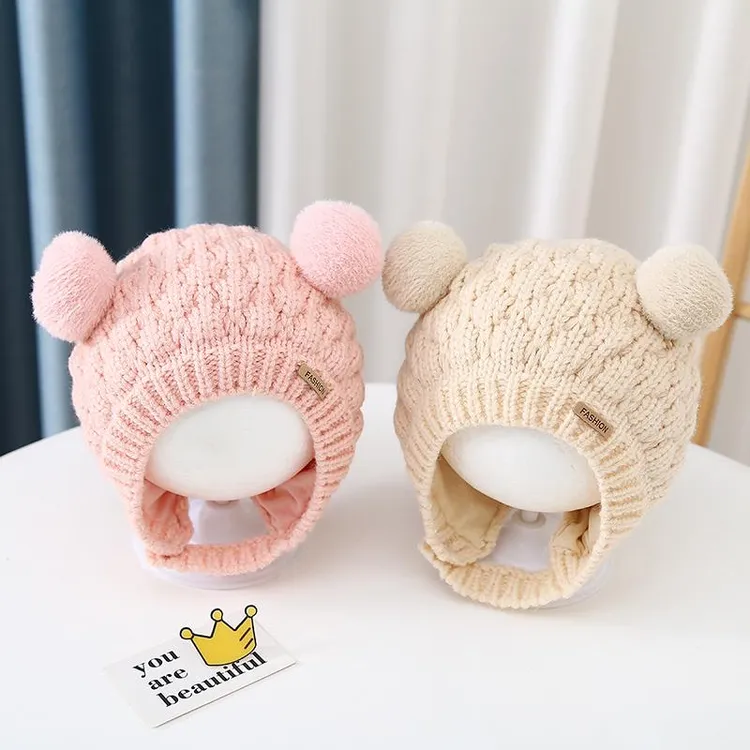 婴儿帽子秋冬季棉可爱宝宝双球护耳帽男女童冬天防风针织毛线 线