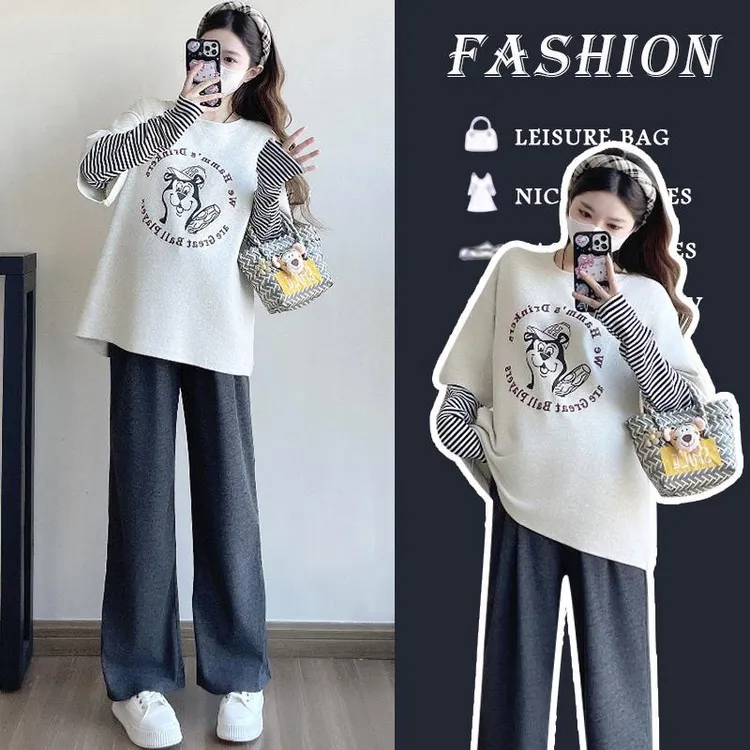 孕妇装韩版洋气显瘦2025新款宽松拼接减龄百搭上衣裤子两件套女