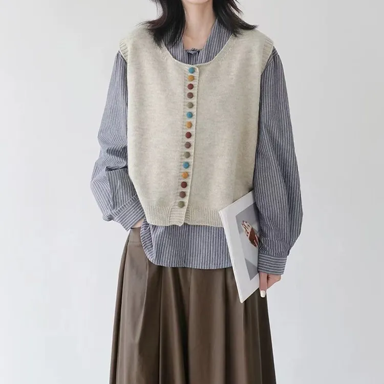 【丹姐家~彩色丝绒扣~】韩系百搭彩色纽扣针织马甲上衣