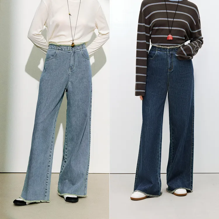 MARIUS复古定染VTG醋酸牛仔棉炒砂撞色微阔腿宽松毛边牛仔裤