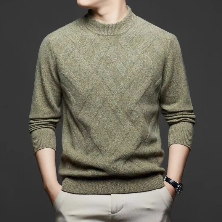 【100%纯羊毛重磅特厚】男士冬季新款重工提花半高领百搭毛衣