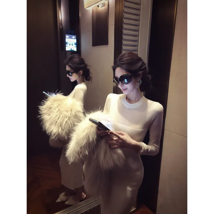 【韩女打底】秋冬纯欲风韩系性感收腰修身显身材长袖包臀长裙8001#