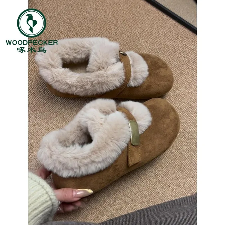 啄木鸟厚底内增高勃肯鞋女款2025冬季新款加绒保暖雪地棉鞋毛毛鞋