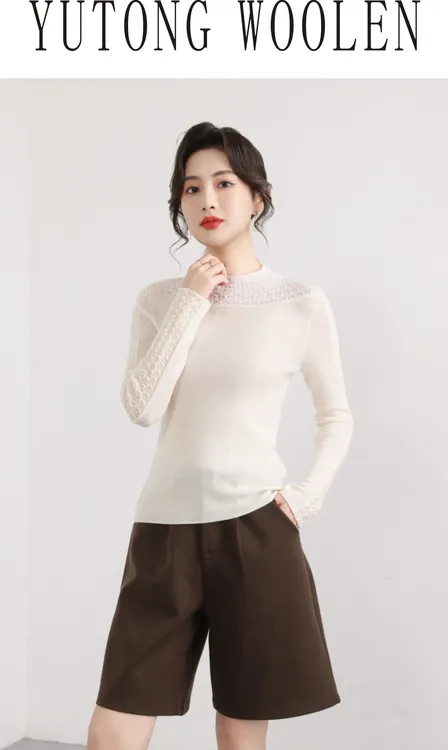 扬子纱全毛休闲风秋冬修身型毛针织衫镂空长袖半高领圆领打底衫