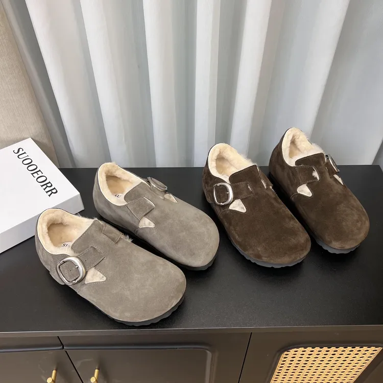 索尔/SUOOEORR欧货2025冬新款真皮女厚底保暖羊毛棉鞋时尚勃肯鞋