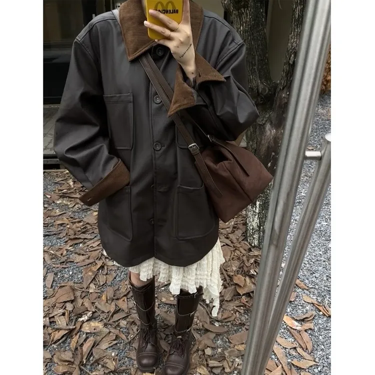 大码300斤美拉德棕色撞色领皮衣外套男女秋冬2025新款超火皮夹克2