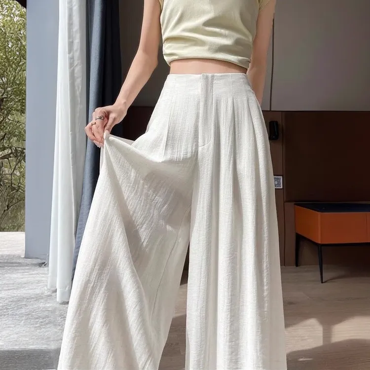 慵懒松弛感亚麻冰丝山本裤女夏季薄款高腰显瘦褶皱天丝棉麻阔腿裤