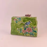 九谷烧 绿色山茶花鸟一轮生花瓶