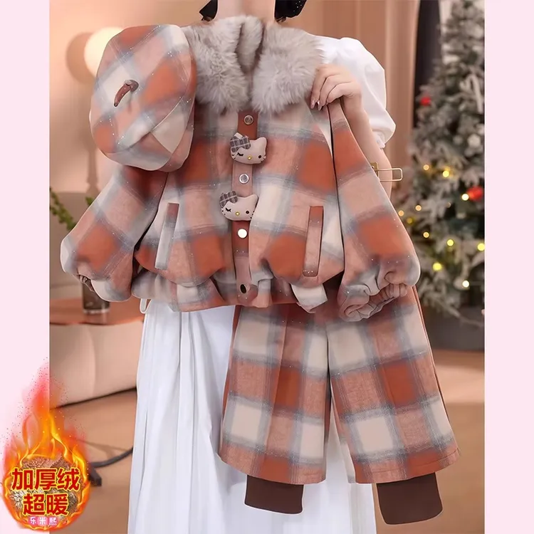 女童格子小香风呢子加绒套装2025新款冬装加厚外套假两件阔腿裤潮