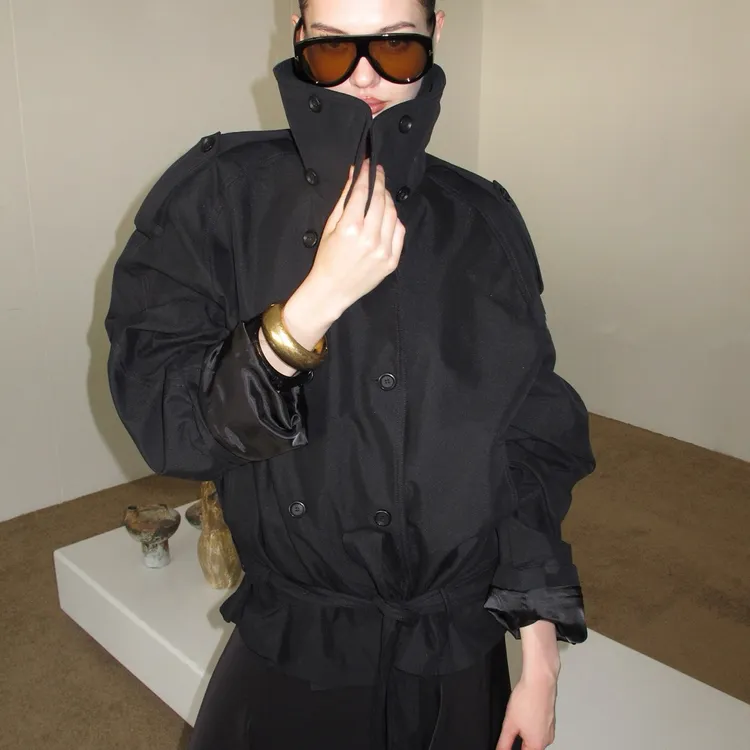 C·W 两个色立领风衣女高个子双排扣短款大衣550