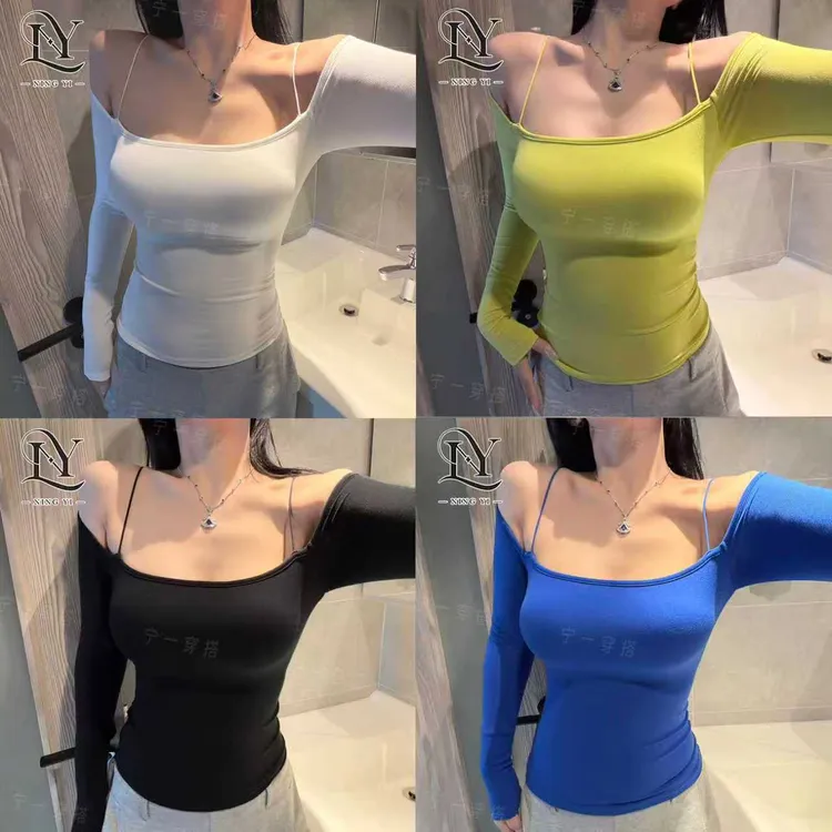 A0022 一字肩性感显瘦修身纯欲风带胸垫长袖打底衫辣妹紧身上衣女