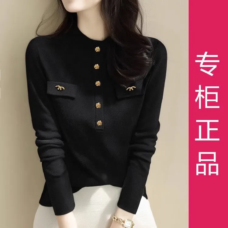 大码法式通勤风黑色长袖针织衫女金属扣装饰气质百搭打底衫高级感