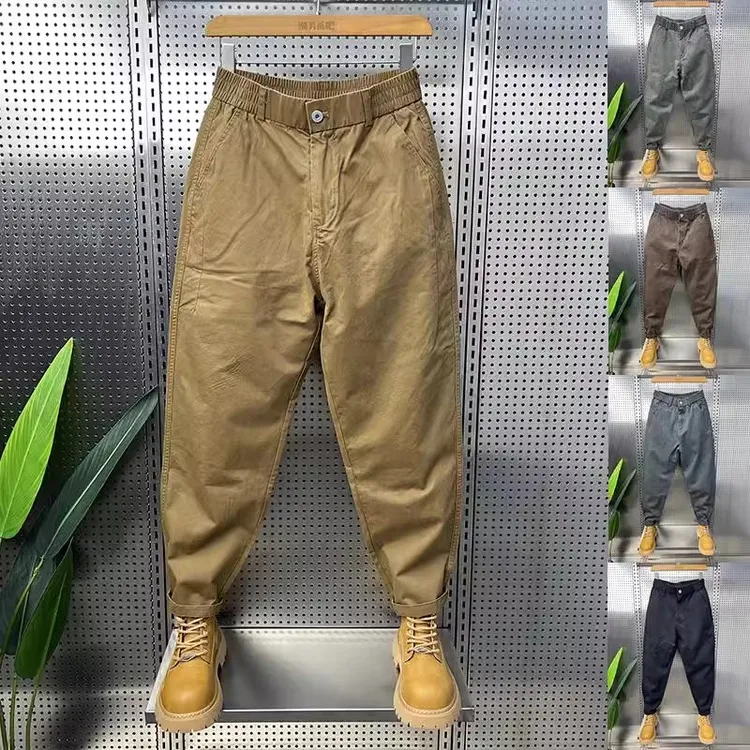 春秋男士纯棉宽松休闲裤卡其色工装阔腿裤高级感小脚哈伦萝卜裤子