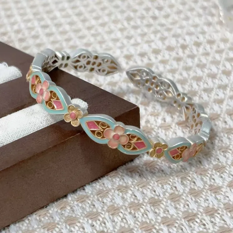 足银手镯 足银999.9【花满楼】珠光珐琅彩开口厚壁中空纯银手镯