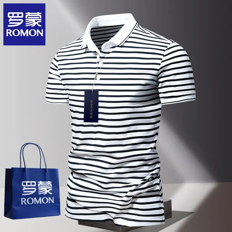 Romon/罗蒙夏季男士新款短袖POLO衫冰丝透气商务条纹上衣撞色体恤
