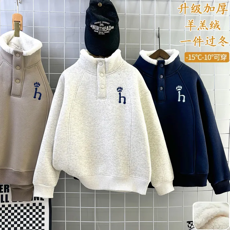 男童加绒加厚防风卫衣冬2025新款儿童立领加厚上衣中大童保暖长袖