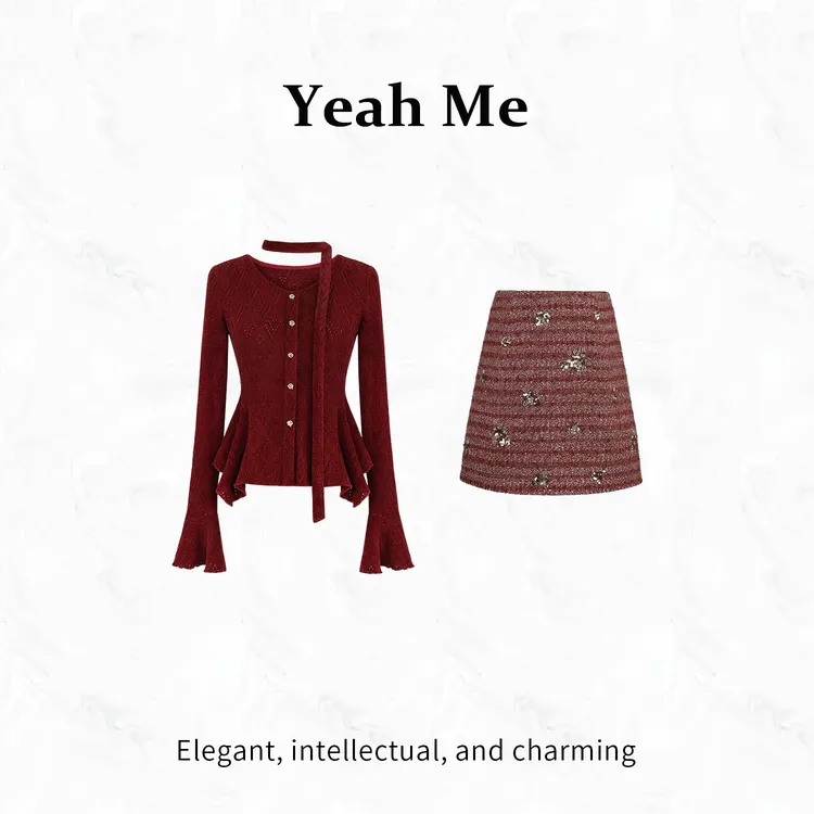 Yeah Me/也觅【红酒微醺】秋冬新款红色高级感轻奢羊毛混纺时尚套装