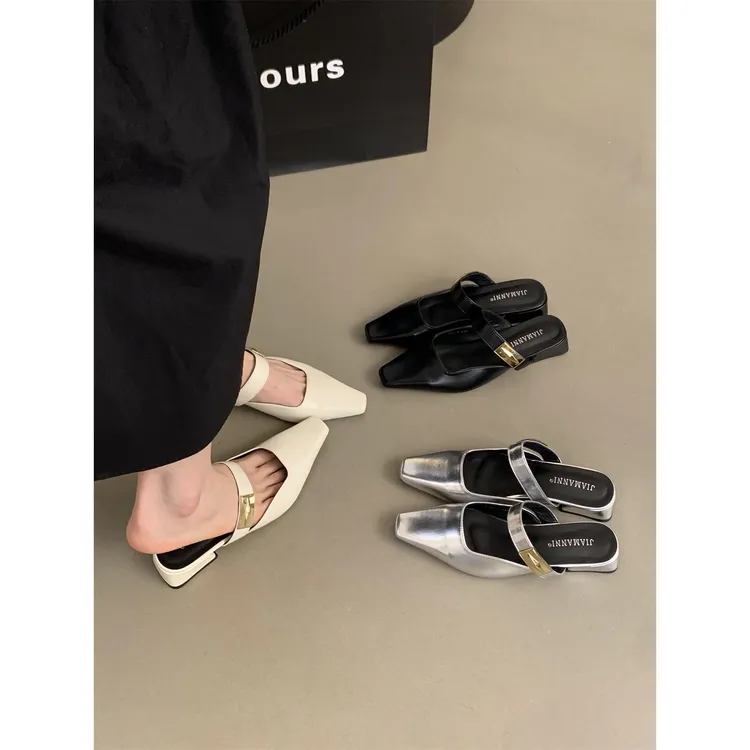 银色包头半拖鞋女士夏季外套新法式女性气质晚风拖鞋厚跟骡子鞋