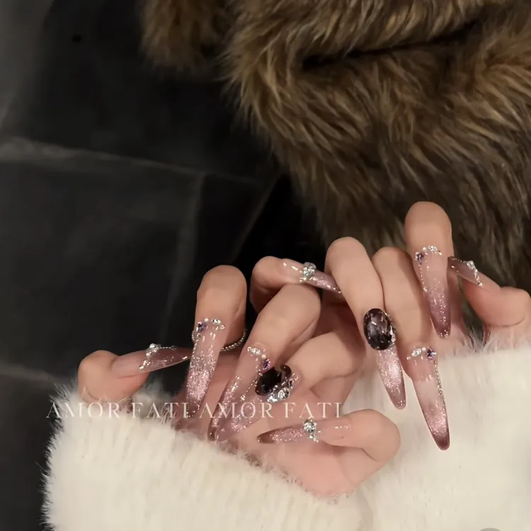 紫色调气质温柔手工穿戴甲冰透猫眼用品美甲贴片