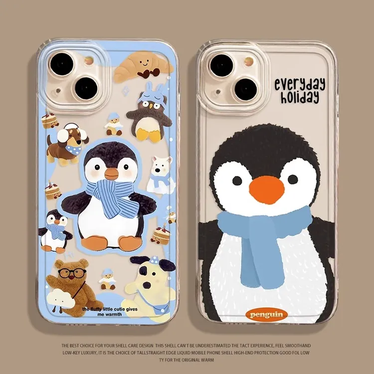 面包蓝围巾企鹅适用13promax苹果16手机壳iPhone15全包14全包卡通