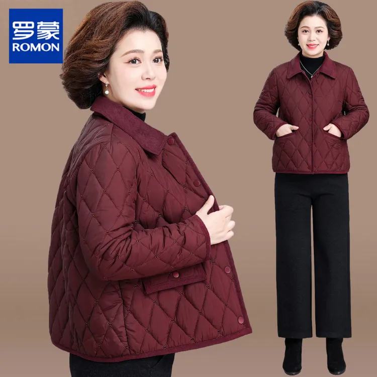 罗蒙妈妈秋冬夹棉外套2025新款中老年人妇女洋气轻薄短款棉服50岁
