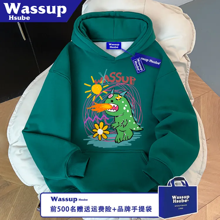 WASSUP HSUBE潮流宽松卡通恐龙秋冬印花休闲长袖百搭卫衣情侣上衣
