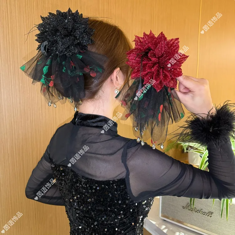 茵语发饰新款殷桃裙摆抓夹复古港风原创手工网纱印花显发量抓夹