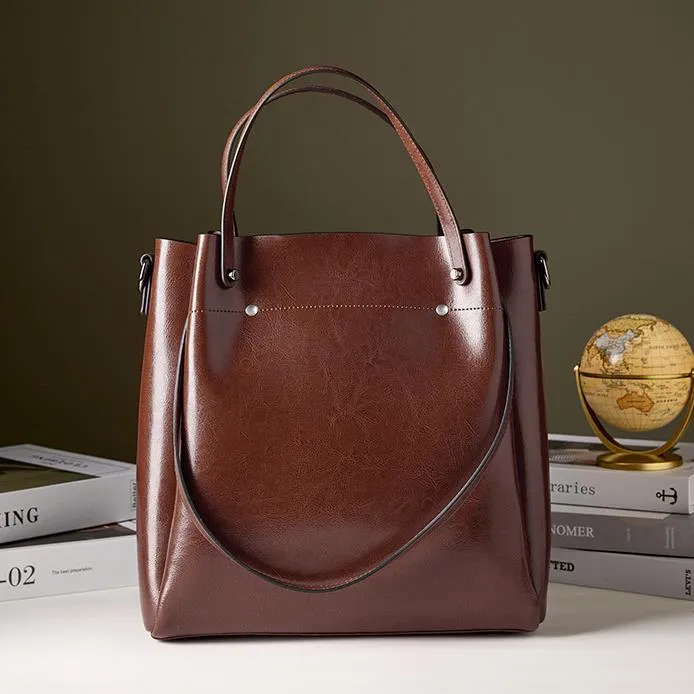 复古大容量油蜡托特包单肩包时尚竖款手提包女商务真皮斜挎包