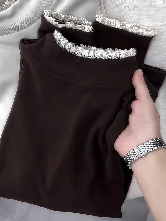 花边长袖上衣简约复古时尚T恤衫2025秋季小众亲肤欧货打底衫休闲