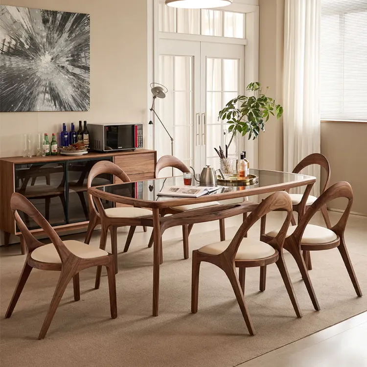 北美黑胡桃全实木餐桌组合北欧现代简约家用茶色玻璃一桌六椅餐.